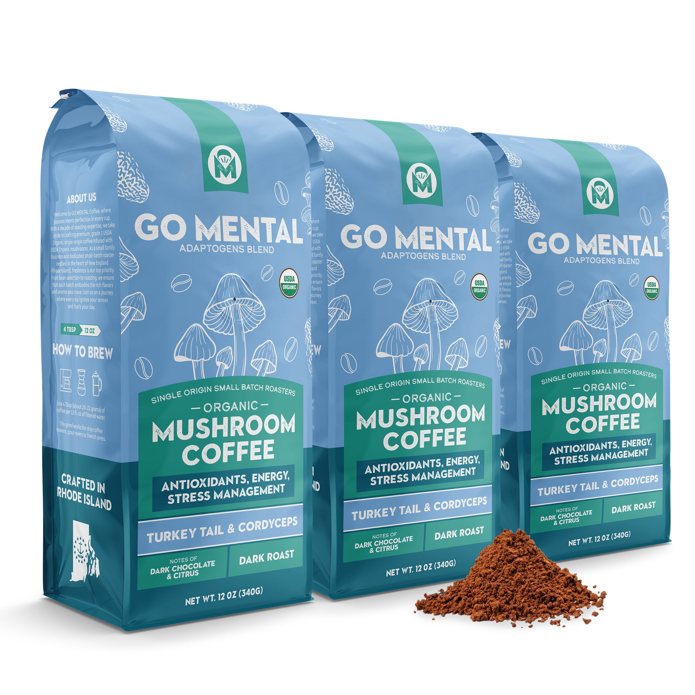 Turkey Tail and Cordyceps mushroom coffee adaptogens blend in a package from GO MENTAL MUSHROOM COFFEE.