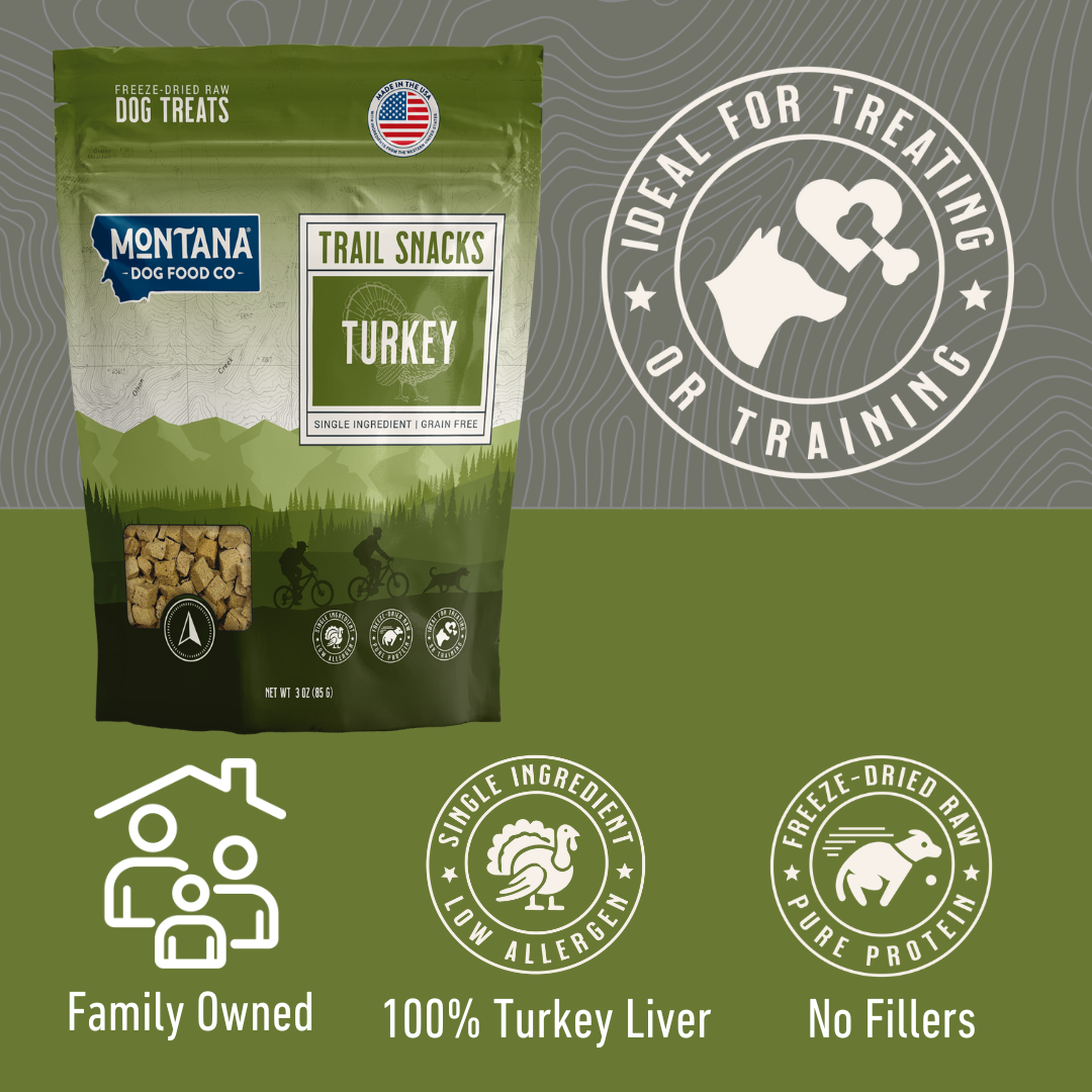 Turkey liver freeze-dried raw dog treats in a 3oz pack, shown in the Montana Dog Food Co product image.