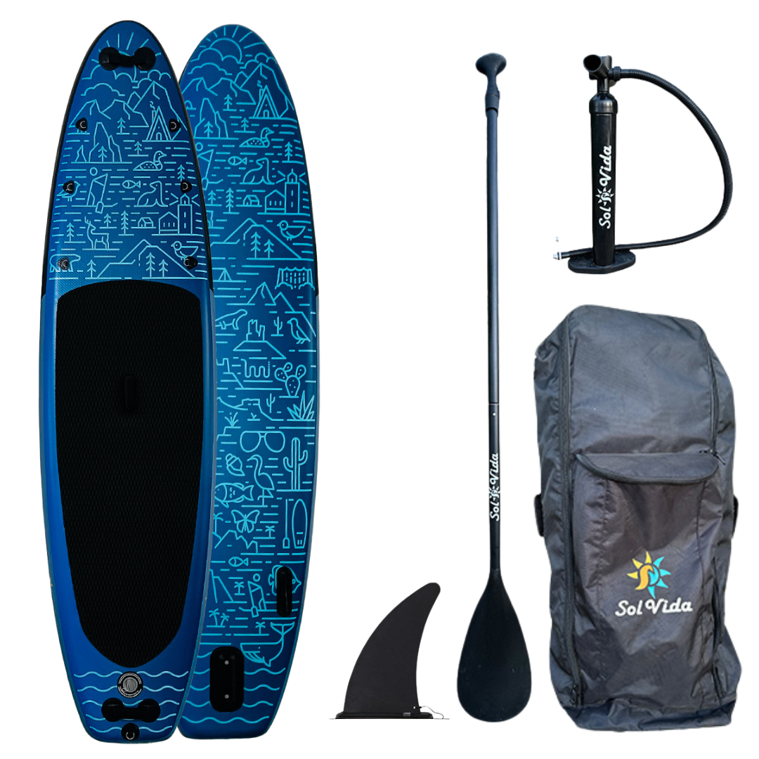 SolVida VidaGlide 10'6" inflatable stand-up paddleboard on turquoise background, complete package for water sports.