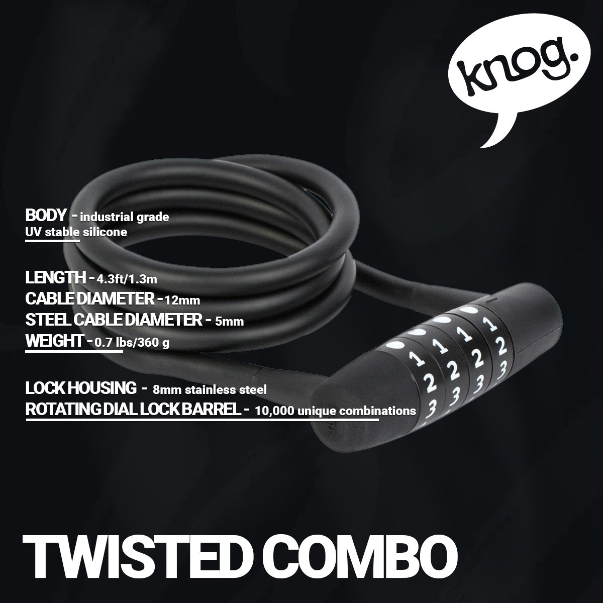Knog Twisted Combo cable lock by ZEITBIKE, coiled metal lock with combination dial and braided cable for bike security.