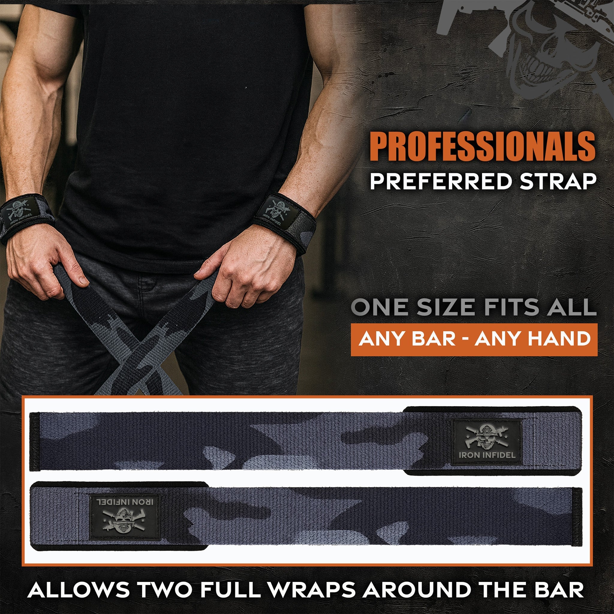 Pair of Iron Infidel lifting straps with full wrap design for enhanced grip during weightlifting and strength training.