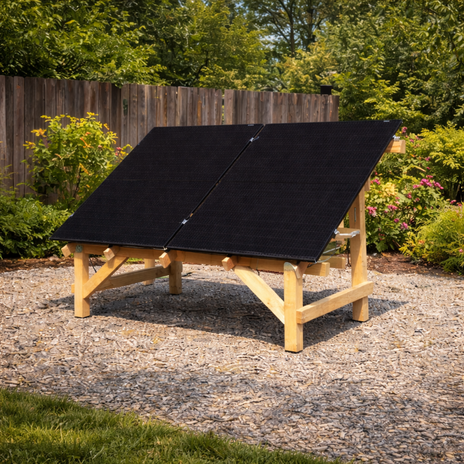 Nature's Generator Powerhouse V2 solar generator with two solar panels mounted on a pergola for renewable energy.