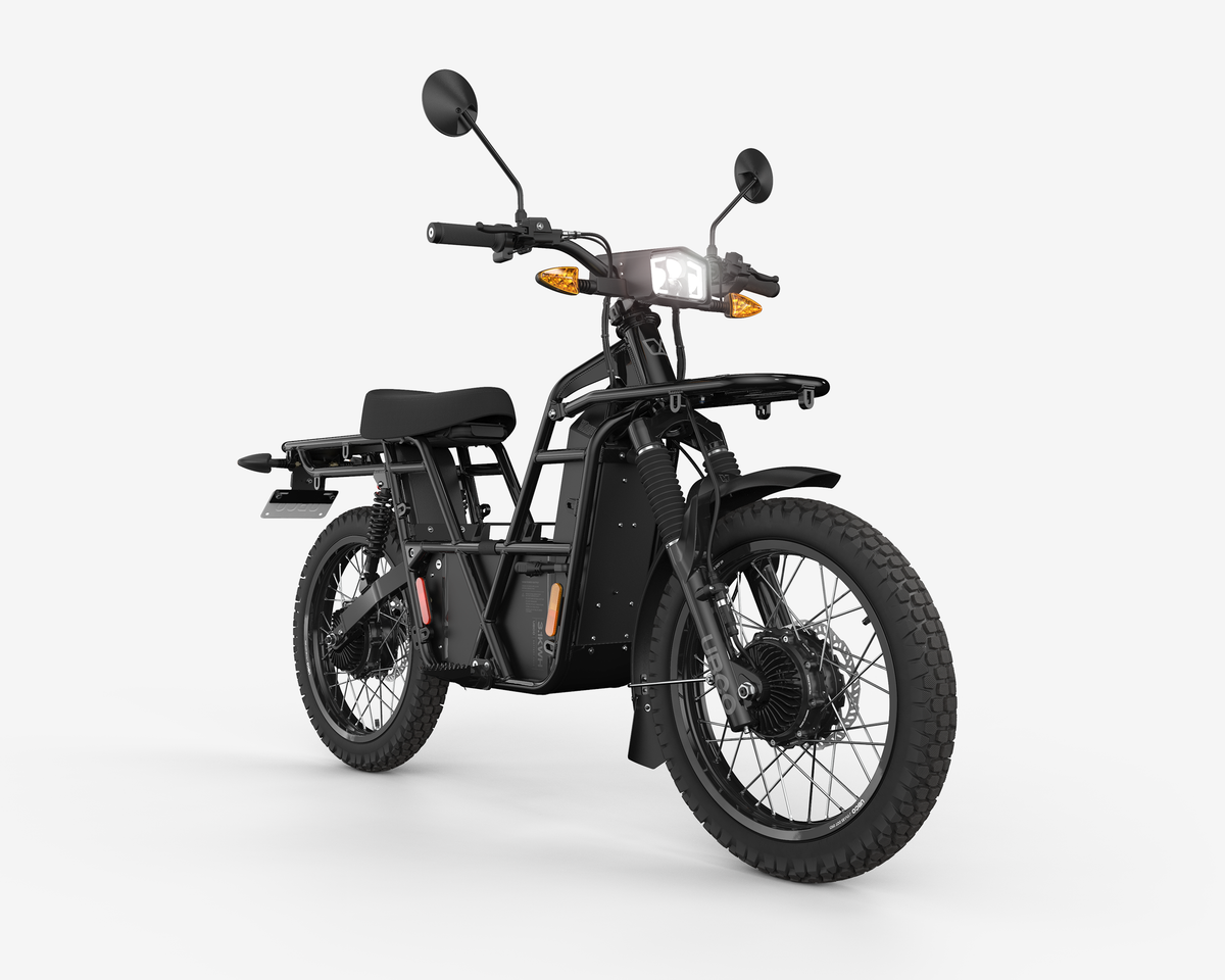 Black Rex E-Bikes 2x2 Adventure Bike e-bike with front and side view, showcasing the rugged design and sturdy frame.