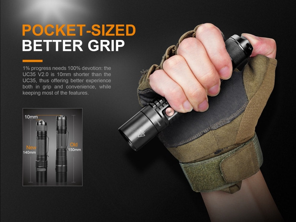 Fenix UC35 V2.0 LED rechargeable EDC flashlight with sleek design and durable body, showcasing its compact size.