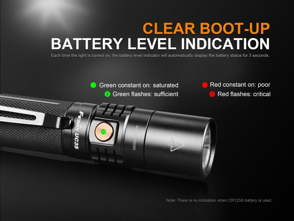 Fenix UC35 V2.0 LED rechargeable EDC flashlight with compact design and bright light, shown on a neutral background.
