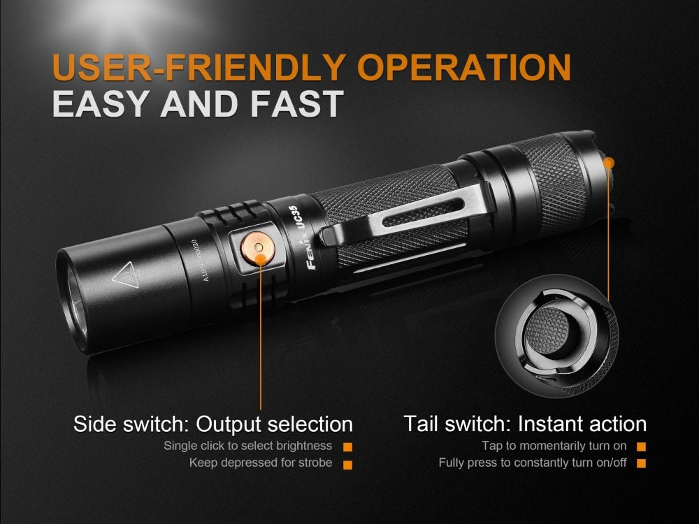Fenix UC35 V2.0 rechargeable EDC flashlight with sleek design and bright LED, ideal for everyday use and outdoor activities.
