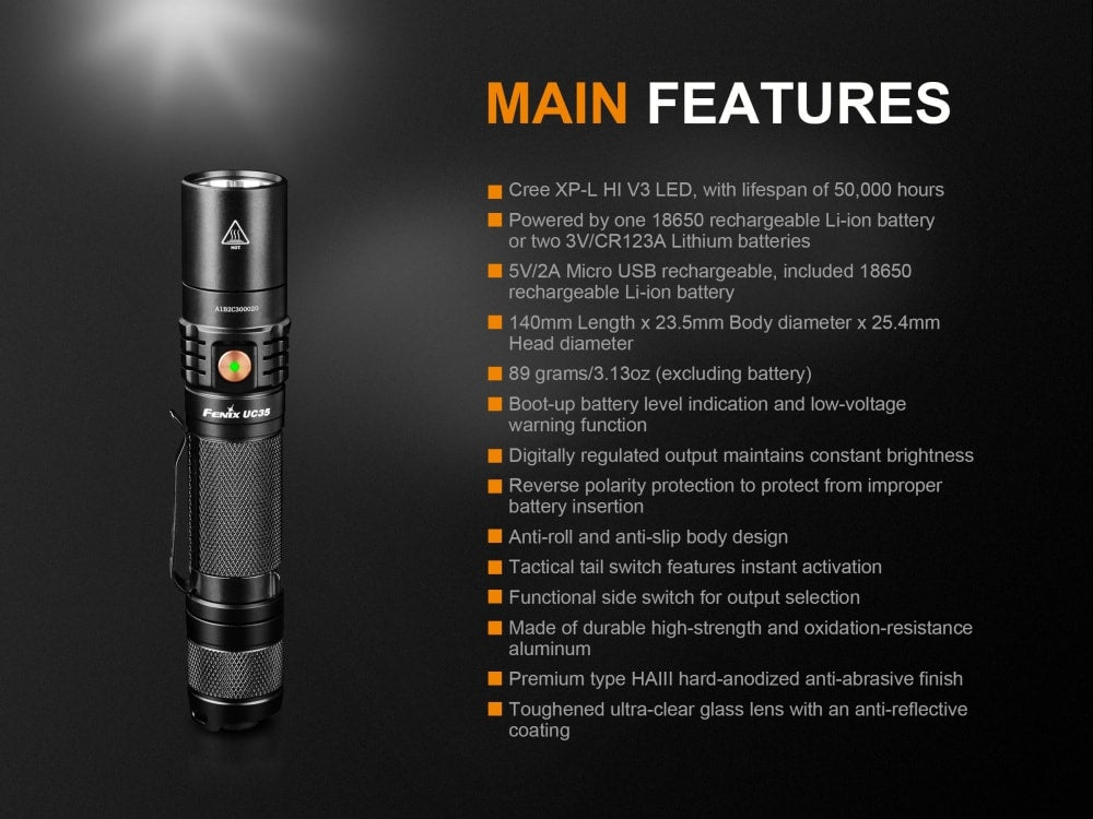 Fenix UC35 V2.0 LED rechargeable flashlight with compact design and bright light beam, ideal for everyday carry.