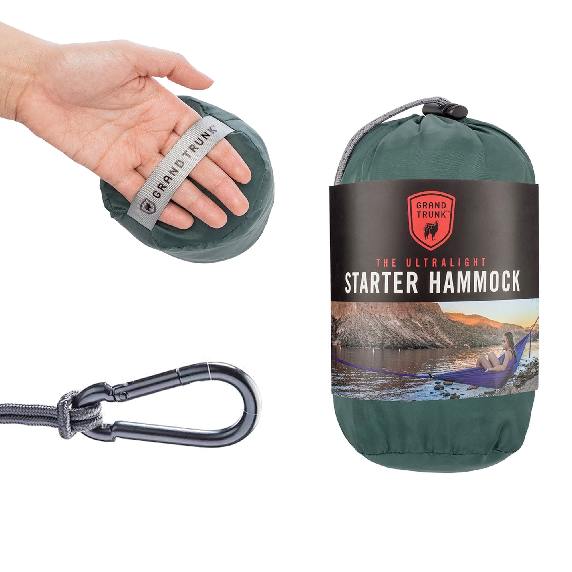 GrandTrunk ultralight starter hammock set up between trees in a scenic outdoor setting.