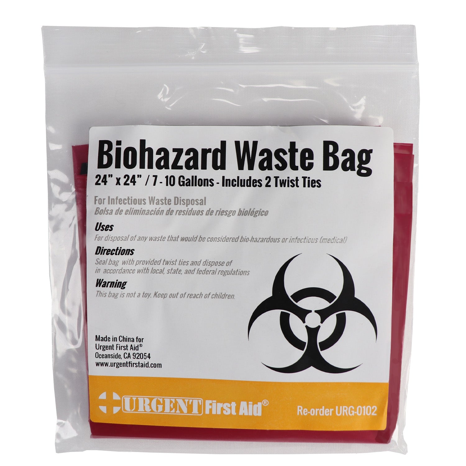 Biohazard hygiene bag with twist ties, 24x24 inches, designed for safe waste disposal, from quakekits.com.