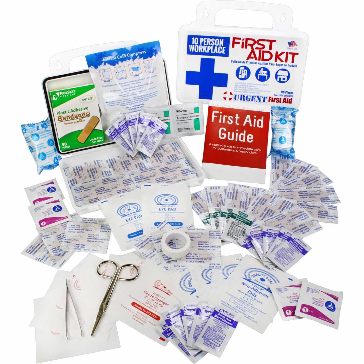 10-person, 116-piece workplace first aid kit with bandages, antiseptics, and medical supplies in a portable case by quakekits.com