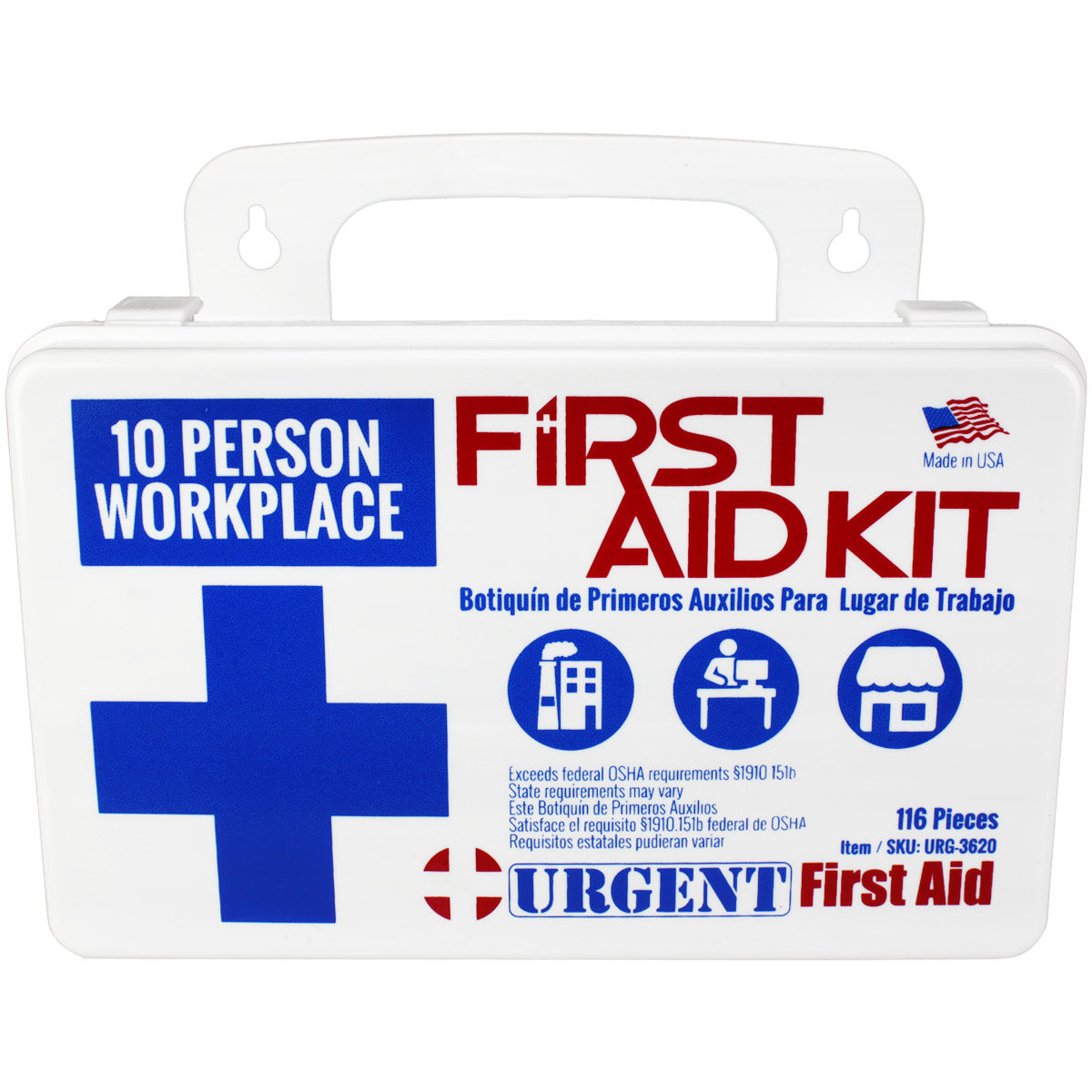 10-person workplace first aid kit with 116 pieces, including bandages, antiseptics, and medical supplies from QuakeKits.
