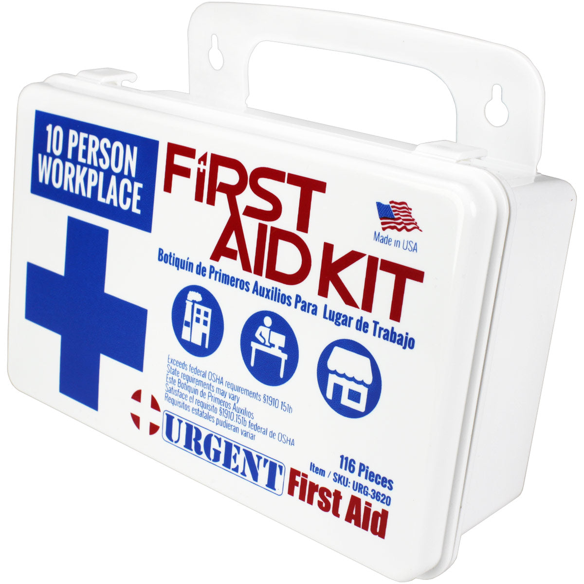 Bulk workplace first aid kit with 116 pieces for 10 people, including bandages, antiseptics, and medical supplies.