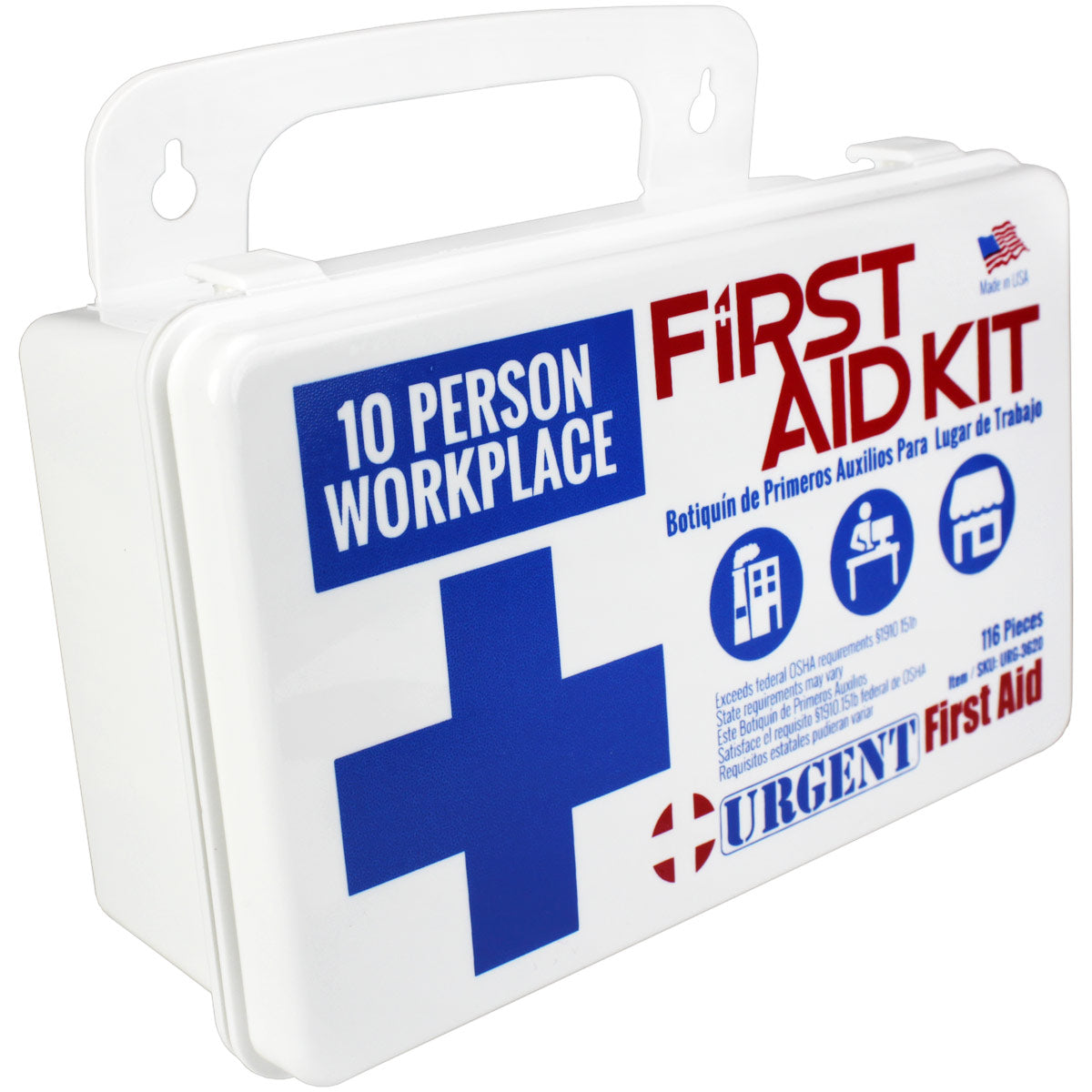10-person workplace first aid kit with 116 pieces, including bandages, antiseptics, and medical supplies in a portable container.