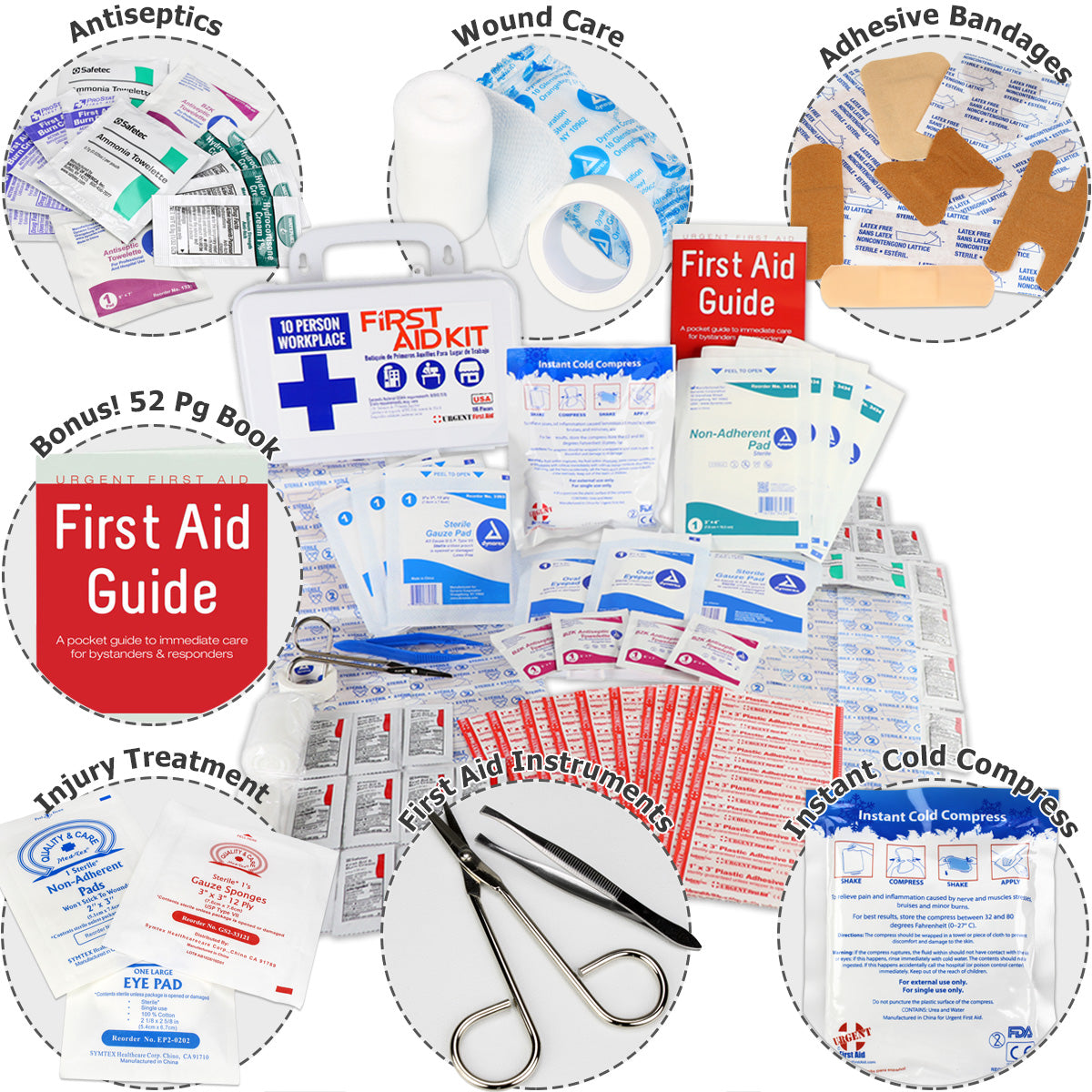 10-person workplace first aid kit with 116 essential medical supplies in a sturdy plastic case for emergency preparedness.