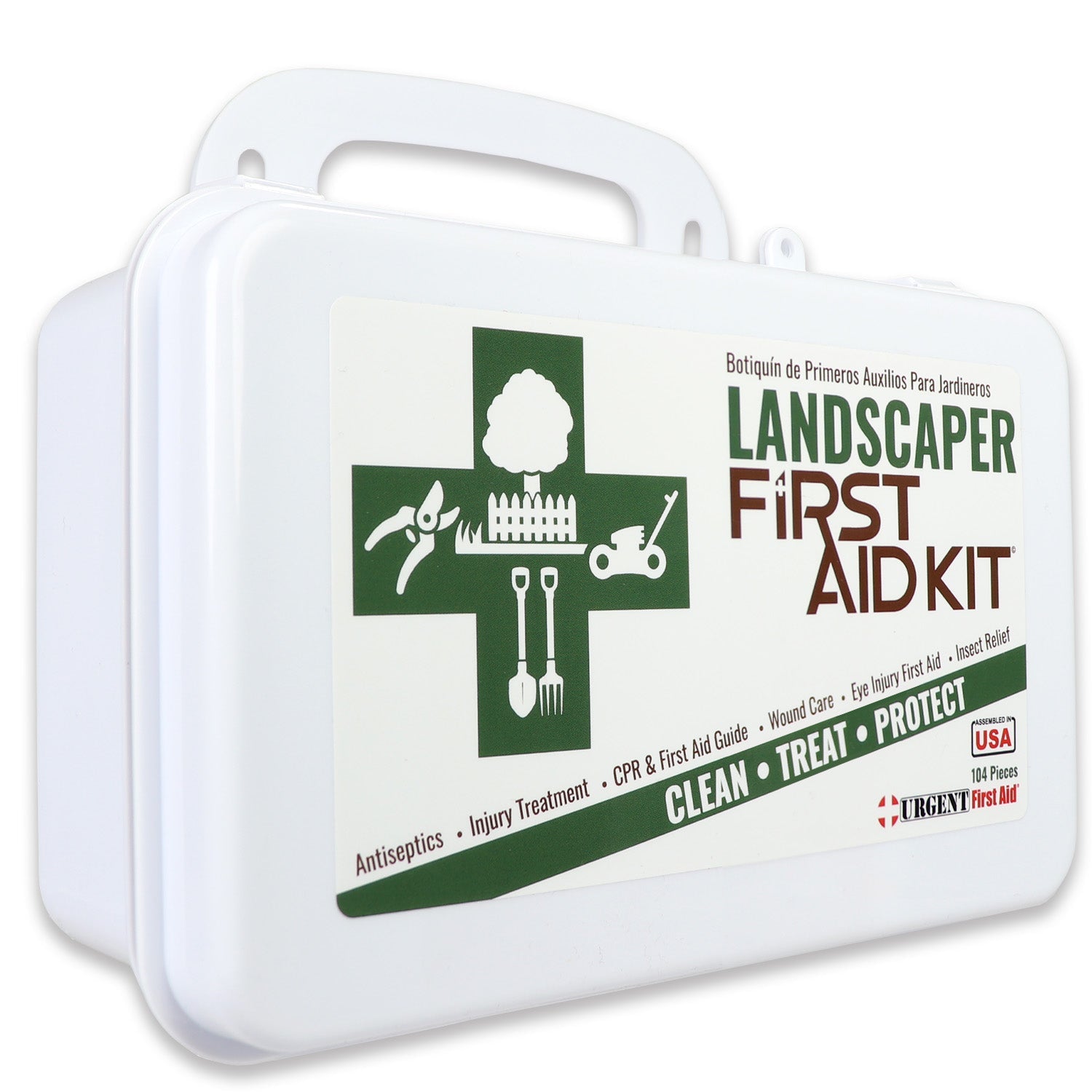 Landscaper's First Aid Kit with 103 pieces in a plastic case, includes bandages, antiseptic wipes, and first aid supplies for outdoor work.