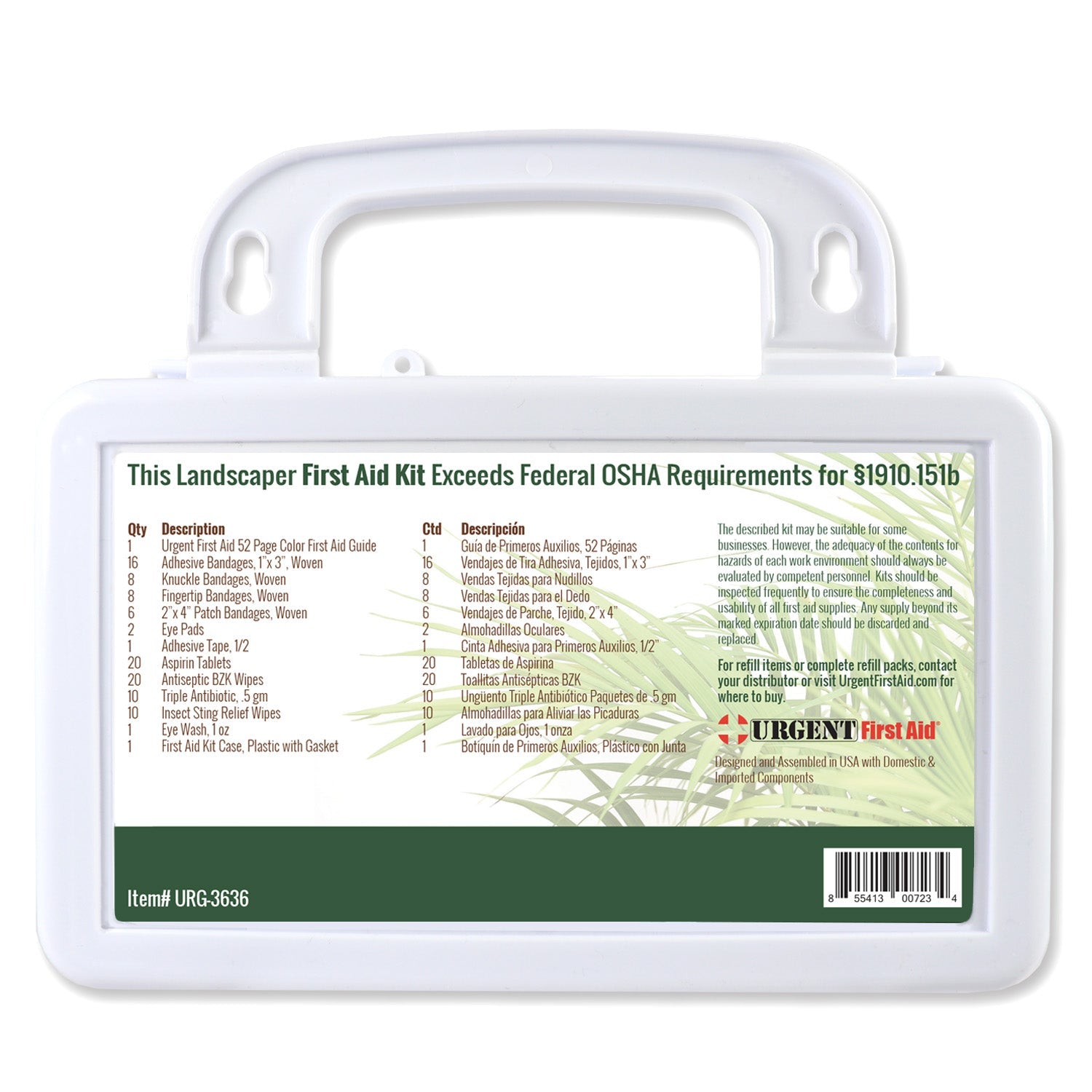Plastic case of Quakekits landscaper's first aid kit with 103 pieces, including bandages and medical supplies for outdoor work.