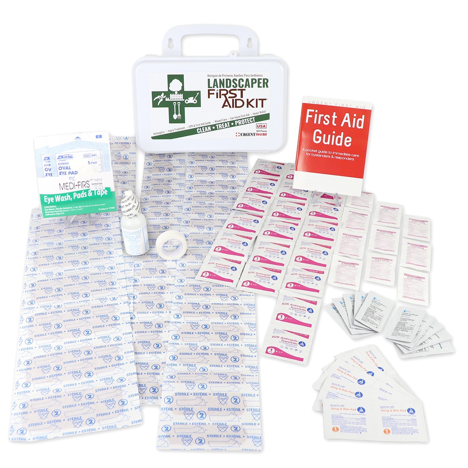 Landscaper's first aid kit with 103 pieces in a plastic case, including bandages, antiseptic wipes, and first aid supplies.