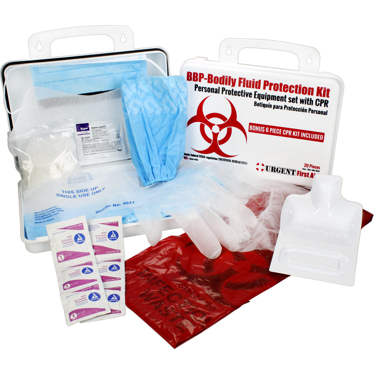 Quakekits Bodily Fluid Protection Kit with bleeding management supplies and 6-piece CPR kit for rescuer safety.