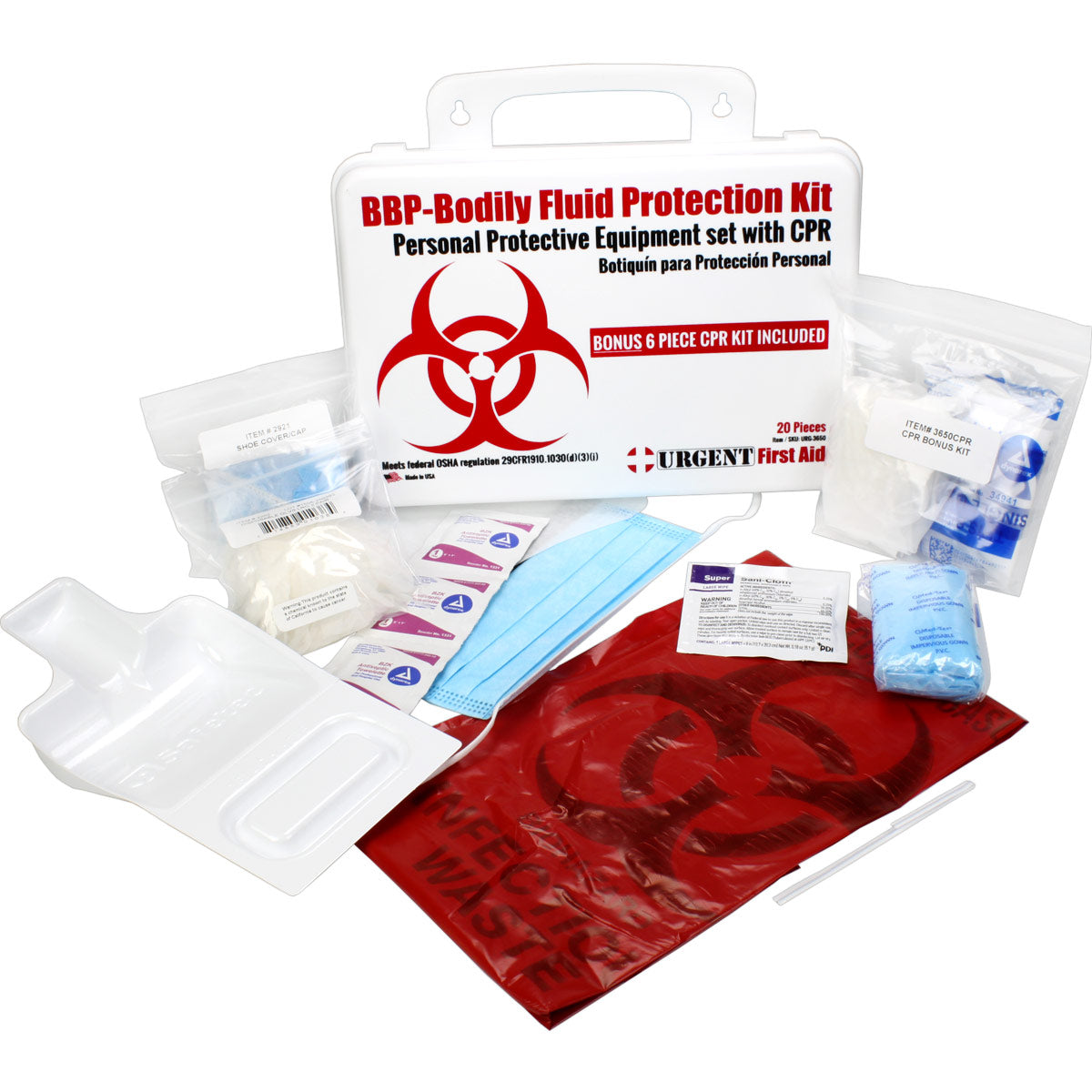 Bleeding management kit with bodily fluid protection and bonus CPR kit from QuakeKits, includes supplies for rescuer safety.