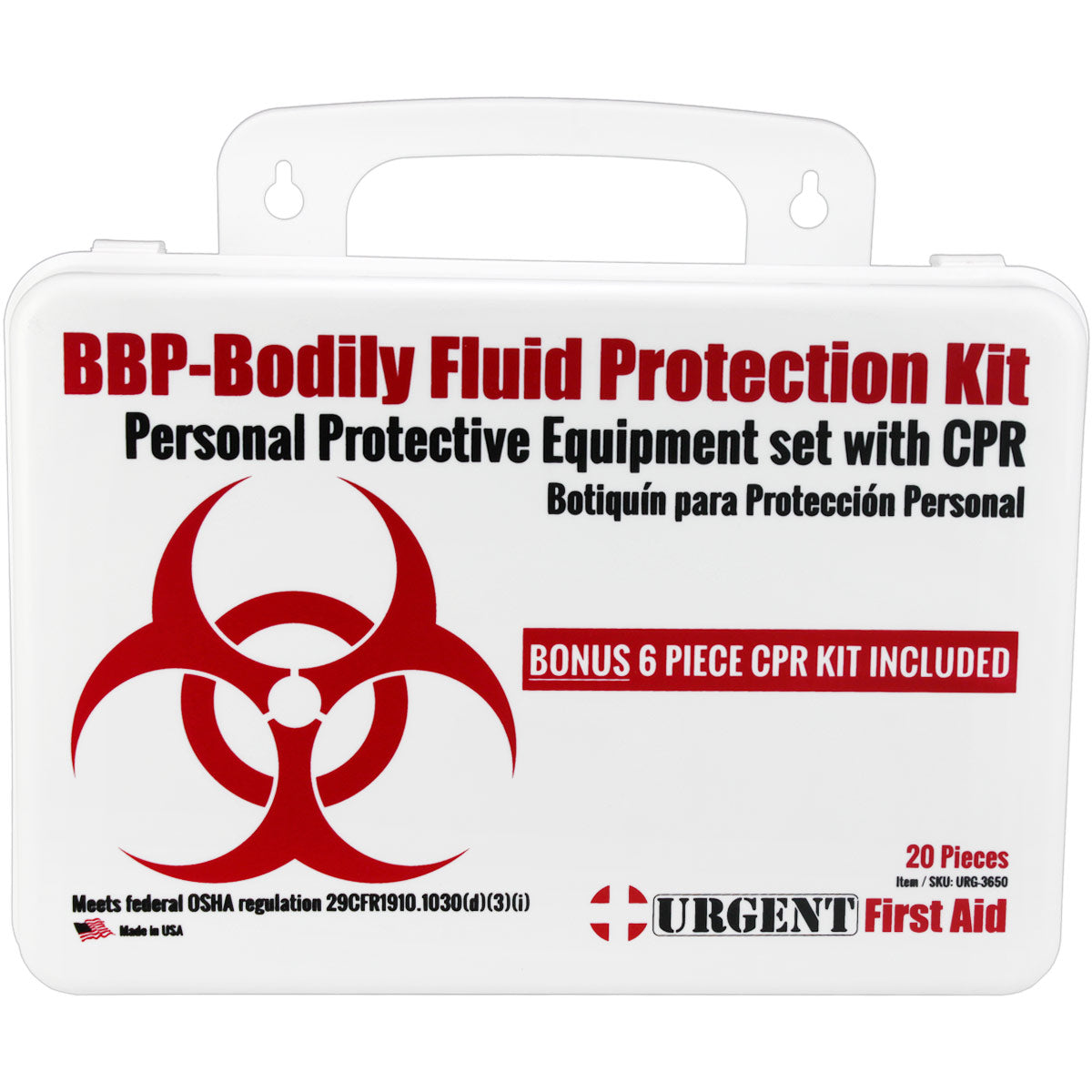 Bleeding management and bodily fluid protection kit with bonus CPR supplies, including gloves, pads, and rescue gear.