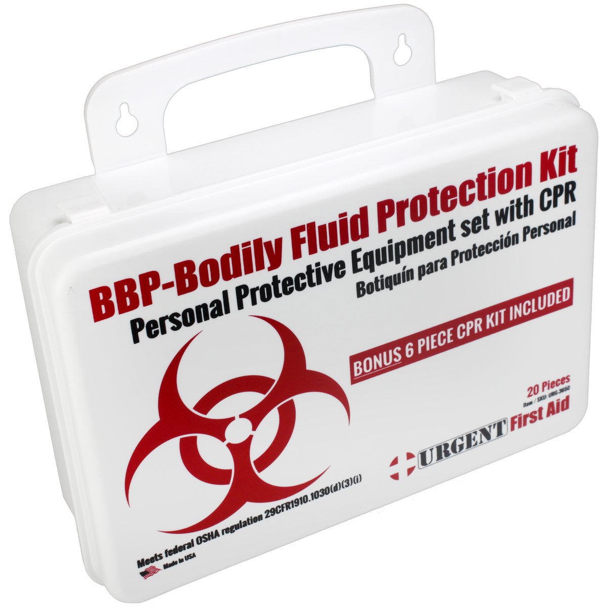 Bleeding management kit with bodily fluid protection and bonus CPR kit, featuring first aid supplies for emergency rescuer protection.