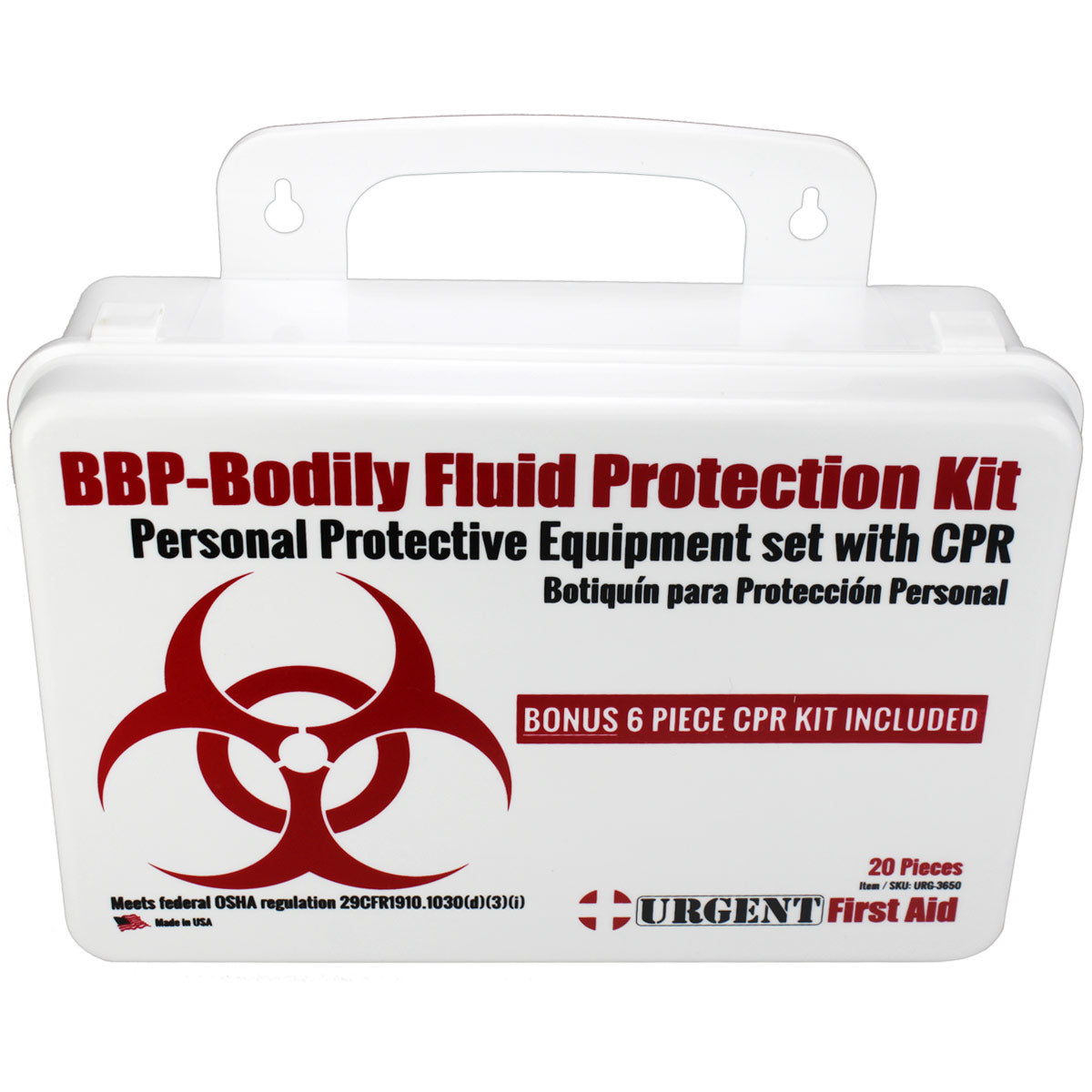 Bleeding management kit with bodily fluid protection and bonus 6-piece CPR kit for rescuer safety, featuring first aid supplies.