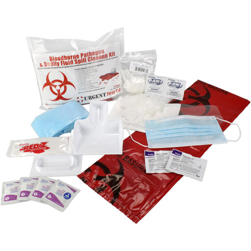 22-piece bloodborne pathogen spill kit with bleeding management supplies for bodily fluid cleanup, including gloves and absorbent materials.