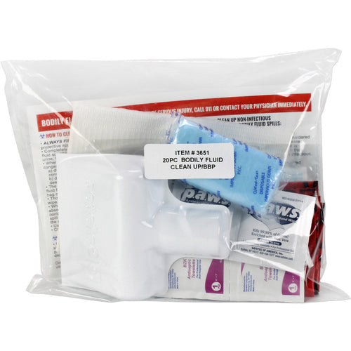 22-piece Bodily Fluid Clean Up Kit for bleeding management, includes bloodborne pathogen spill supplies from Quake Kits.