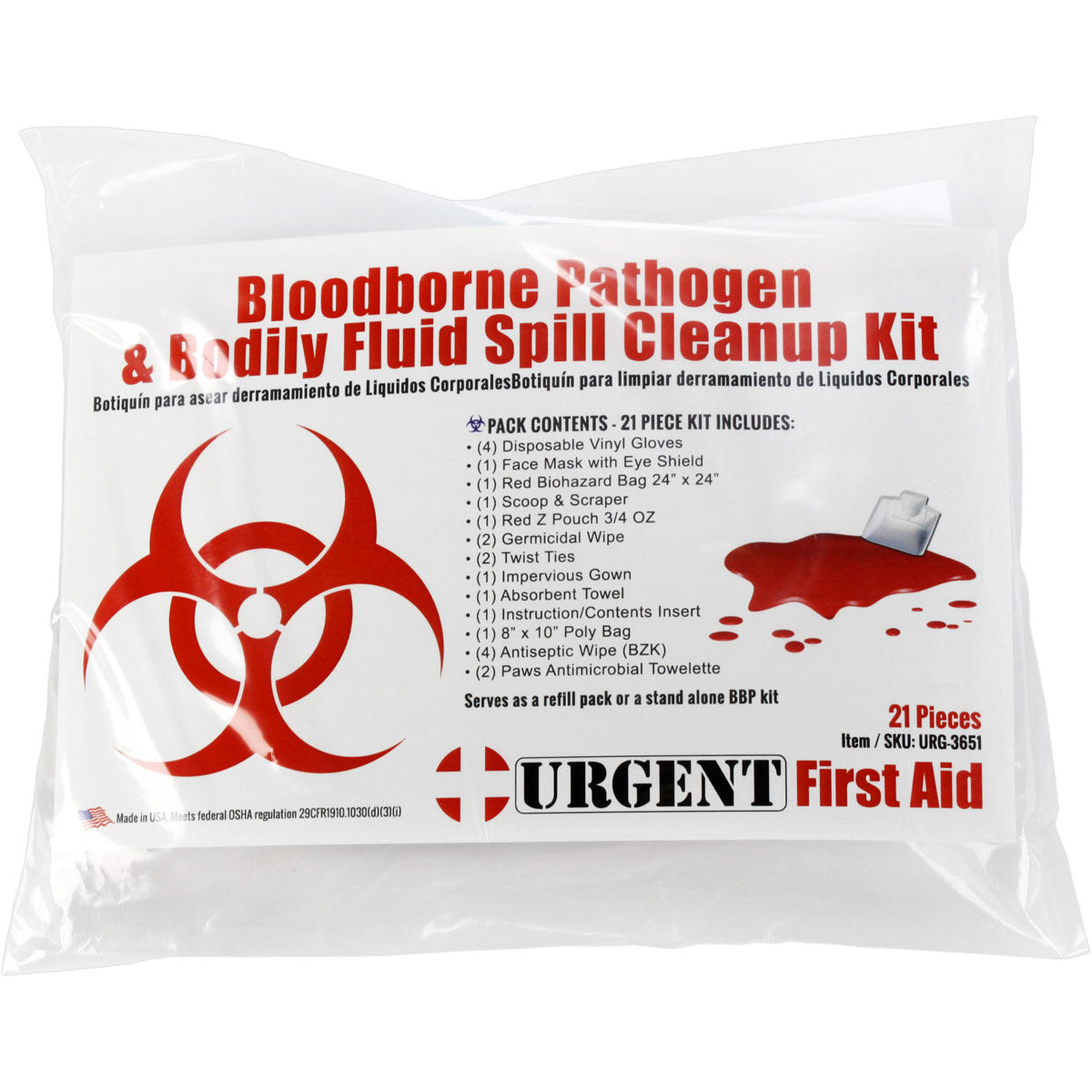 22-piece bloodborne pathogen spill kit for bleeding management, including bodily fluid clean-up supplies and safety equipment.