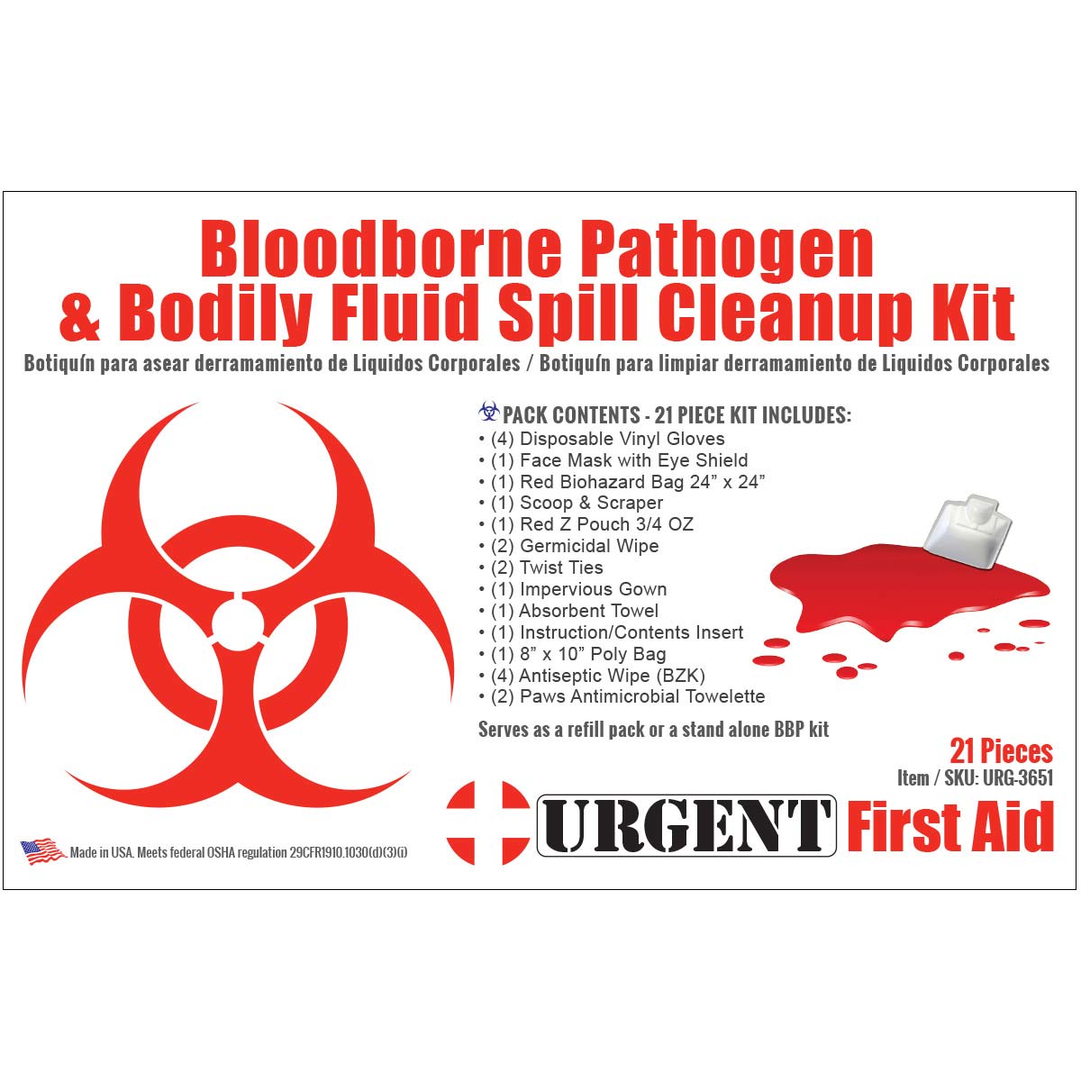 22-piece QuakeKits bloodborne pathogen spill kit for bleeding management with bodily fluid cleanup supplies and safety equipment.