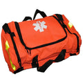 Orange first responder bag with rigid foam divider insert, designed for emergency supplies and medical equipment storage.