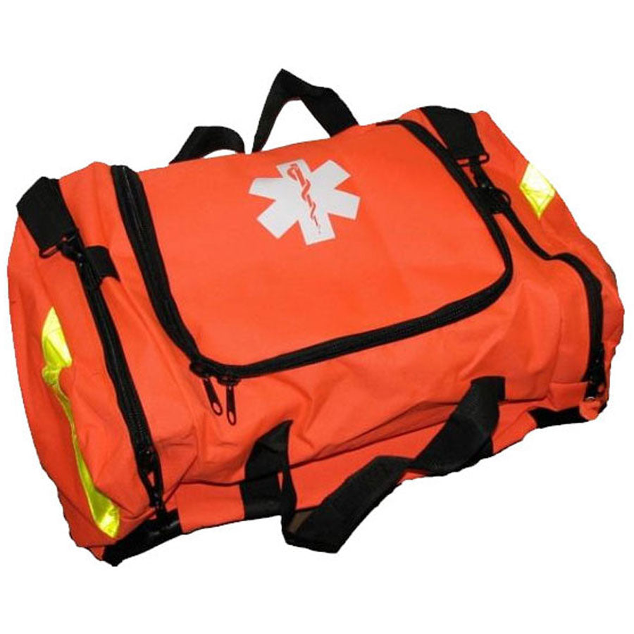 Orange first responder bag with rigid foam divider insert, designed for emergency supplies and medical equipment storage.