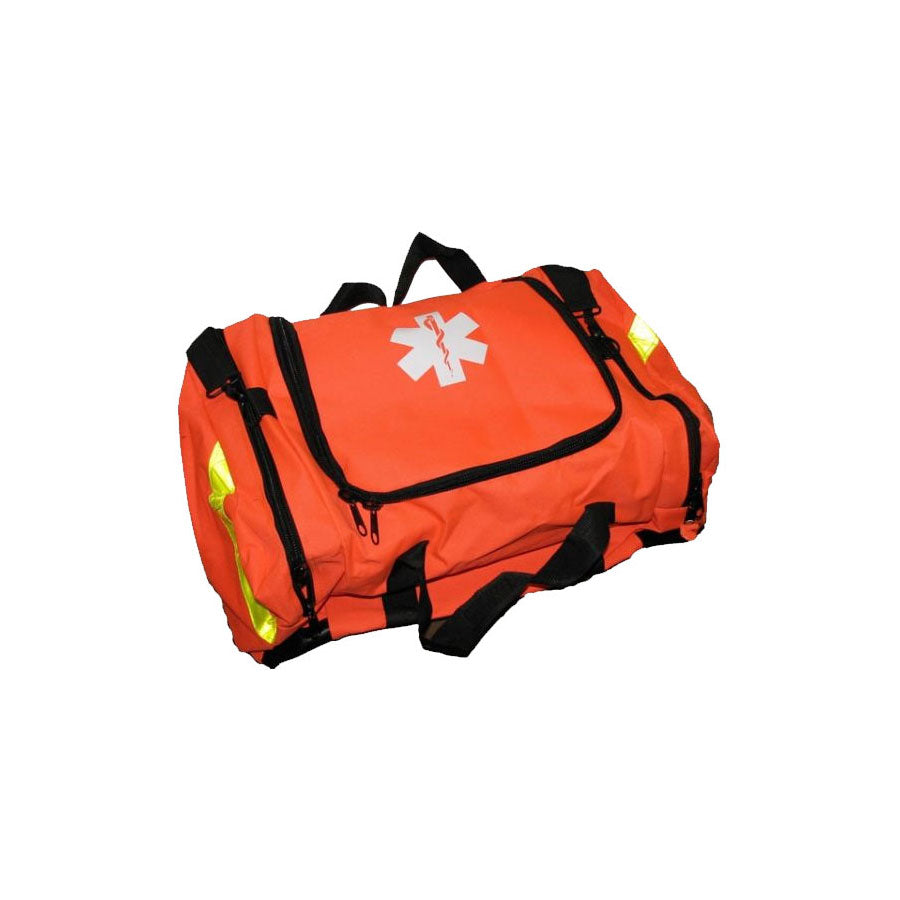 Orange first responder bag with rigid foam divider insert, durable emergency medical bag for quick access and organization.