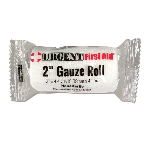 Gauze roll bandage measuring 2 inches by 4.4 yards, used for wound wrapping and first aid, shown in the image.