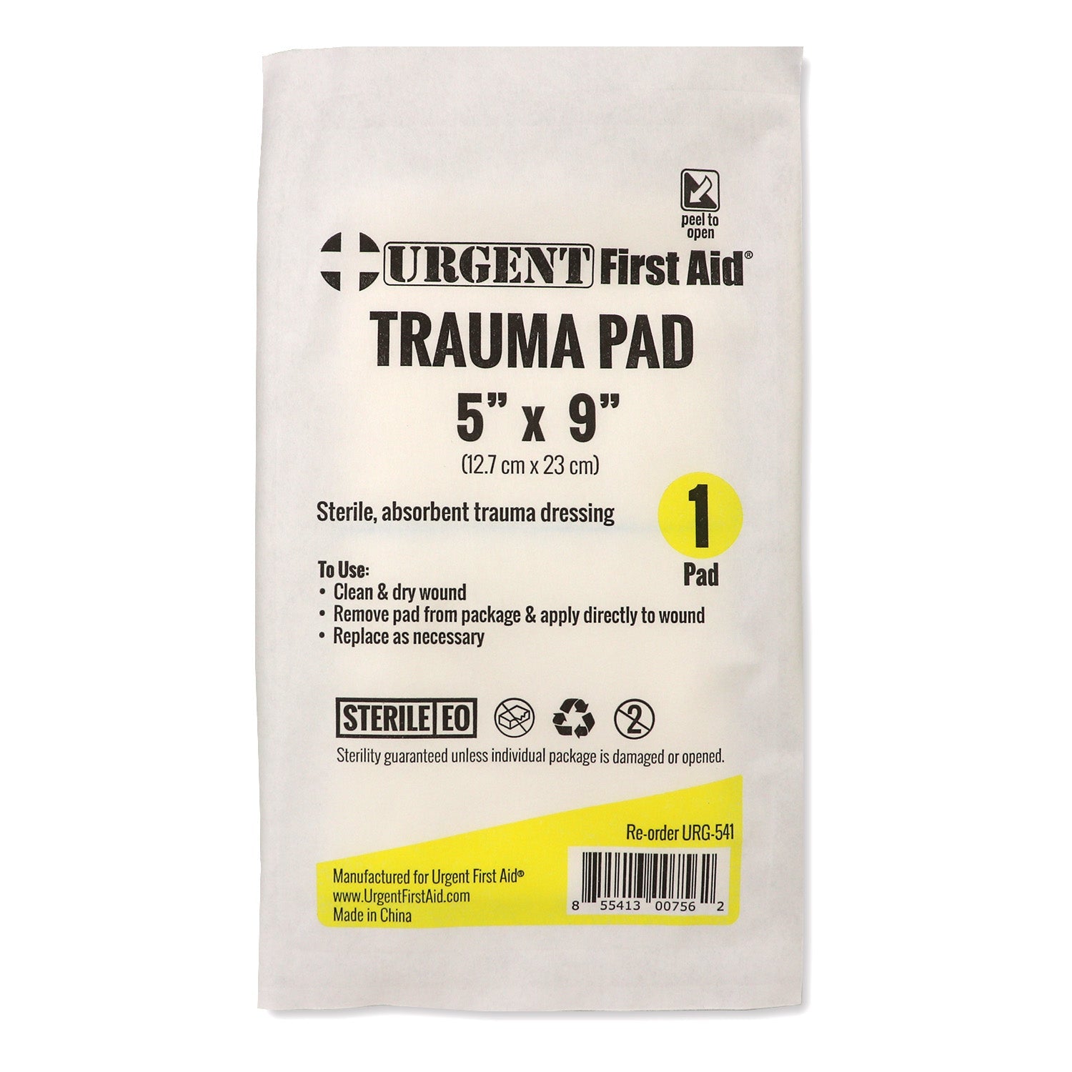 Sterile trauma dressing pad 5x9 inches from quakekits.com, used for wound care and first aid.