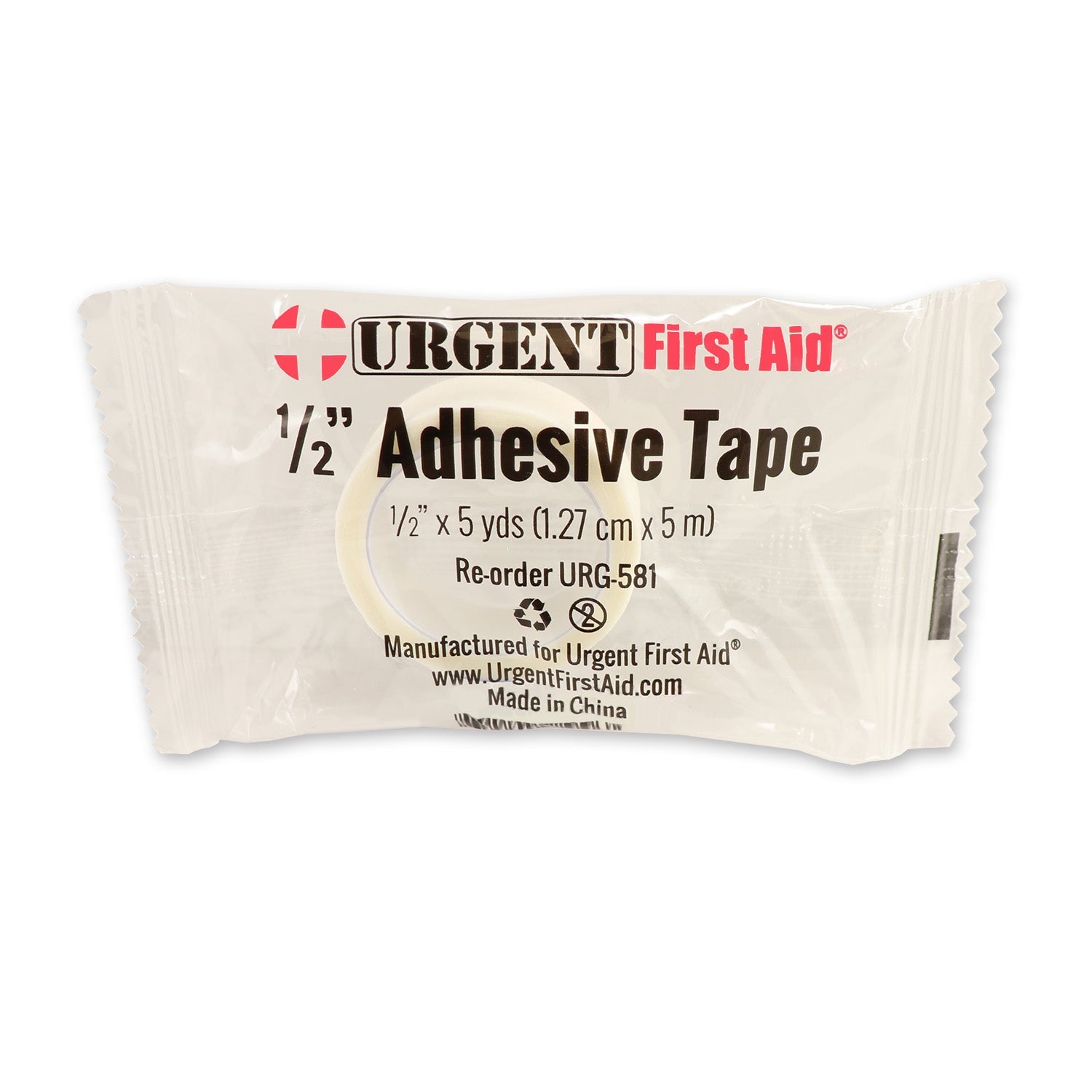Adhesive first aid tape roll, 1/2 inch by 5 yards, in a plastic dispenser for securing bandages and wraps.
