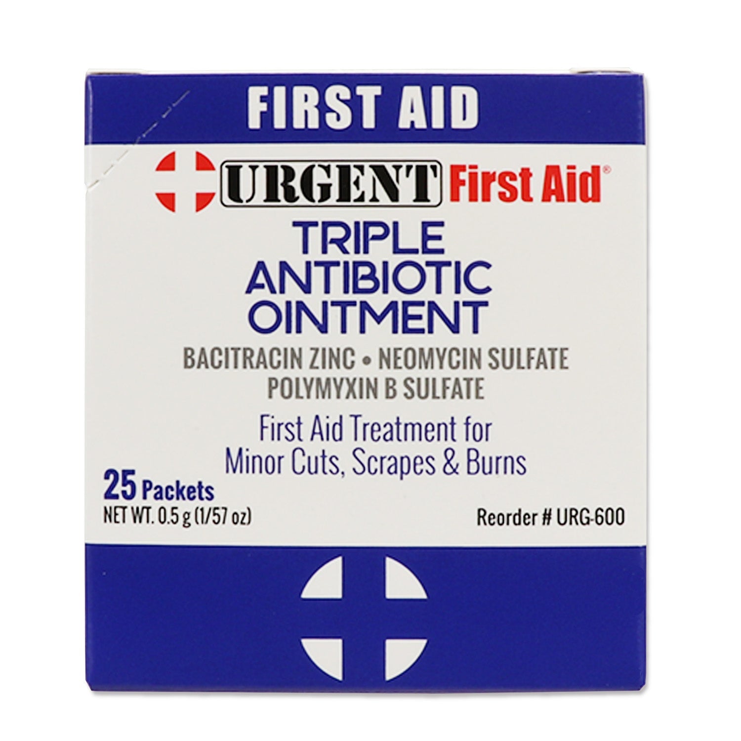 Triple Antibiotic Ointment in 0.5g tubes, 25 per box, for minor cuts and skin infections, by Quakekits.com.