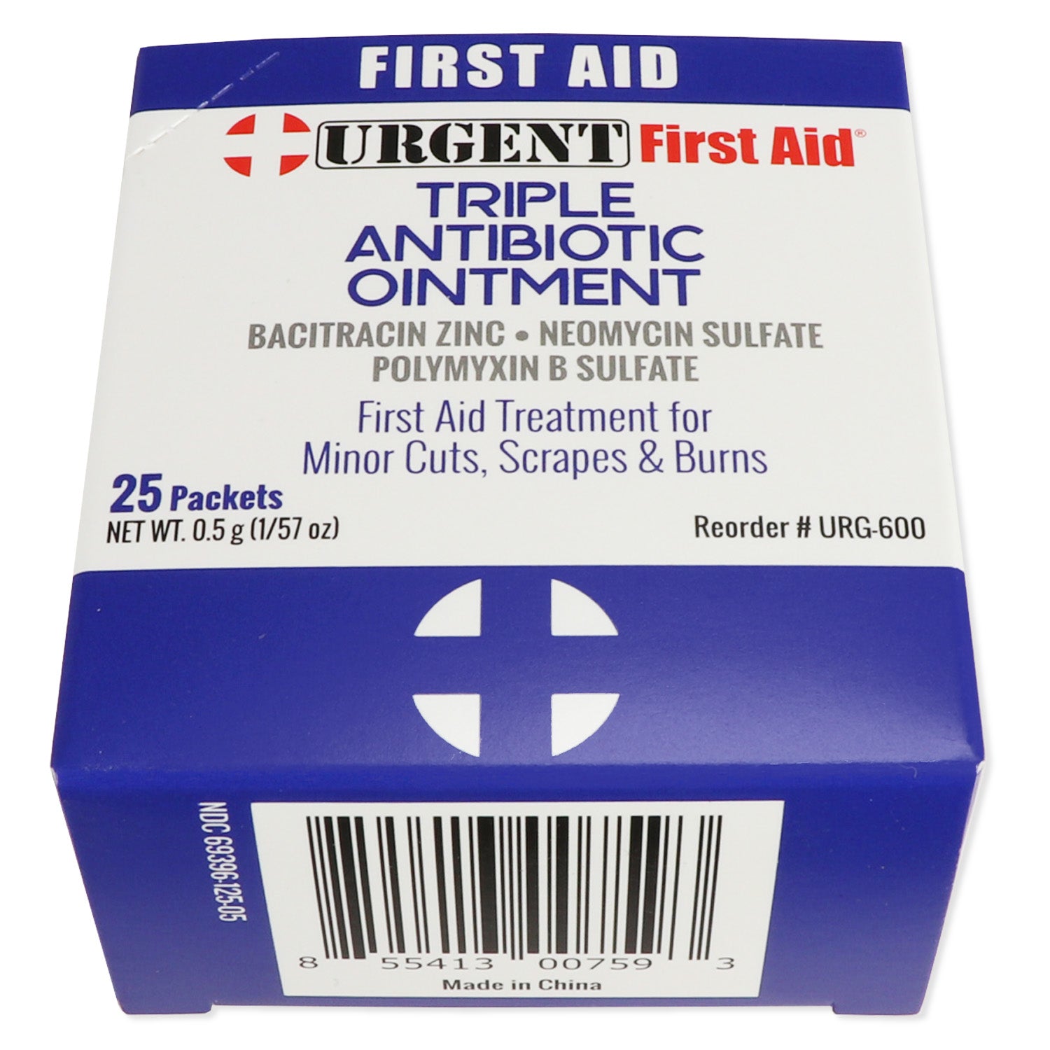 Box of 25 single-use triple antibiotic ointment packets, 0.5g each, for wound care and infection prevention.