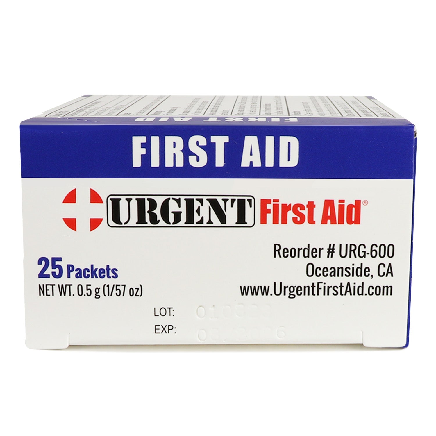 Box of 25 single-use 0.5g tubes of QuakeKits Triple Antibiotic Ointment for minor skin infections and cuts.