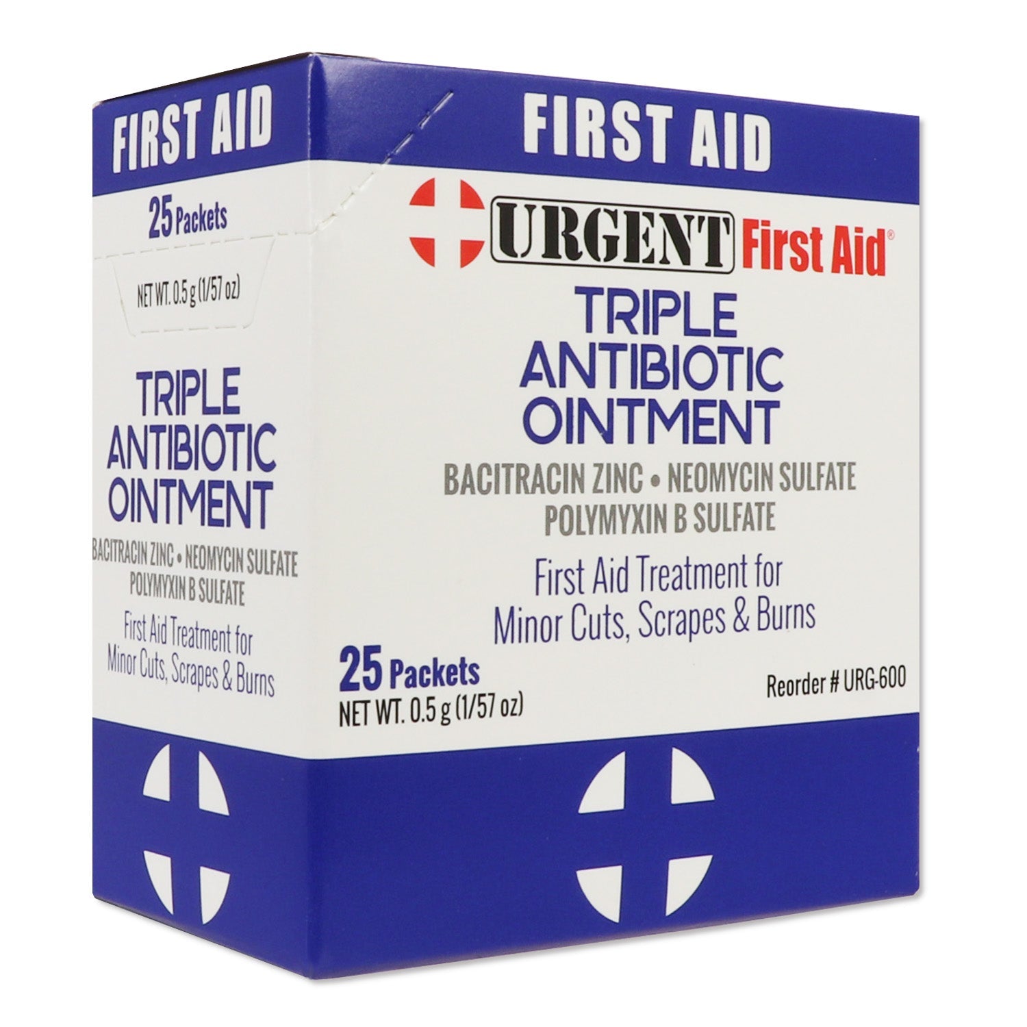 Box of 25 triple antibiotic ointment packets, 0.5g each, from QuakeKits, for topical skin infection treatment.