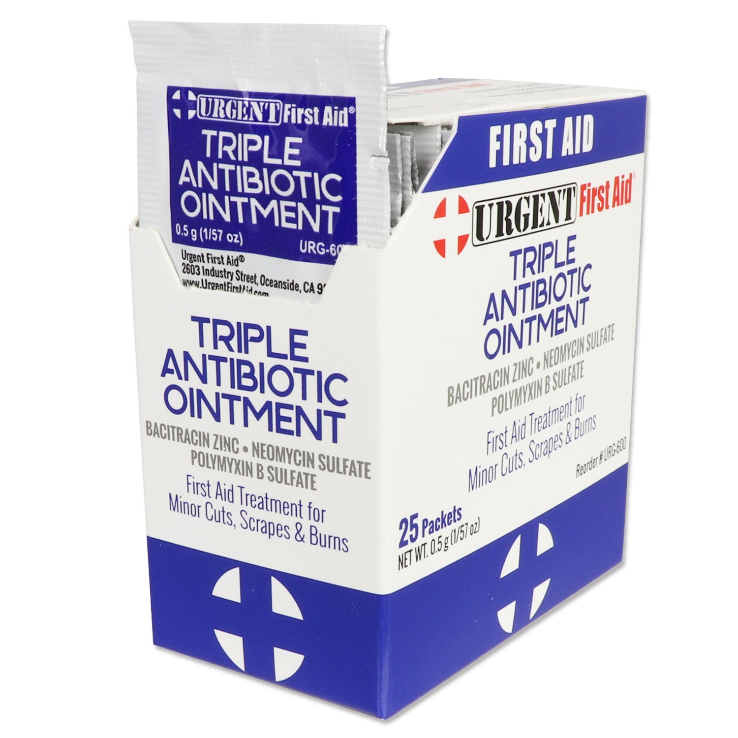 Box of 25 single-use 0.5g tubes of Quakekits Triple Antibiotic Ointment for minor cuts and skin infections.