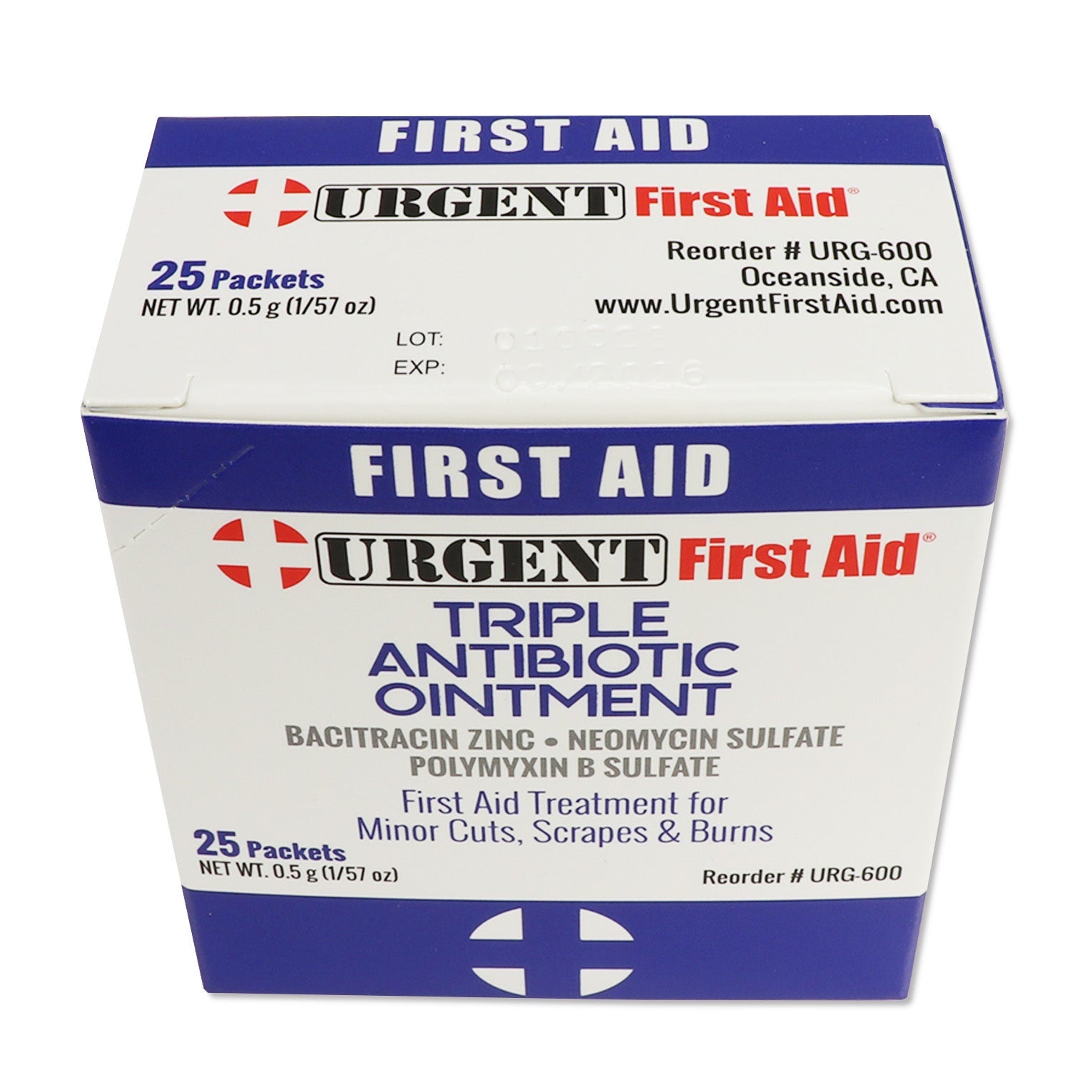 Small tube of QuakeKits Triple Antibiotic Ointment, 0.5g, with 25 tubes in a box, used for minor skin infections and cuts.
