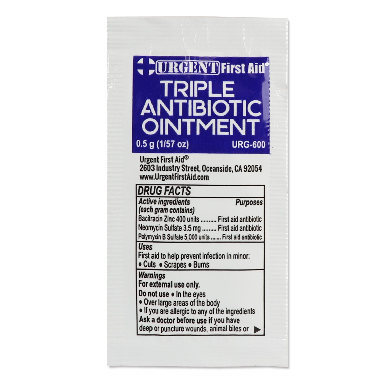 Box of 25 single-use triple antibiotic ointment packets in 0.5g sizes, used for topical infection treatment.