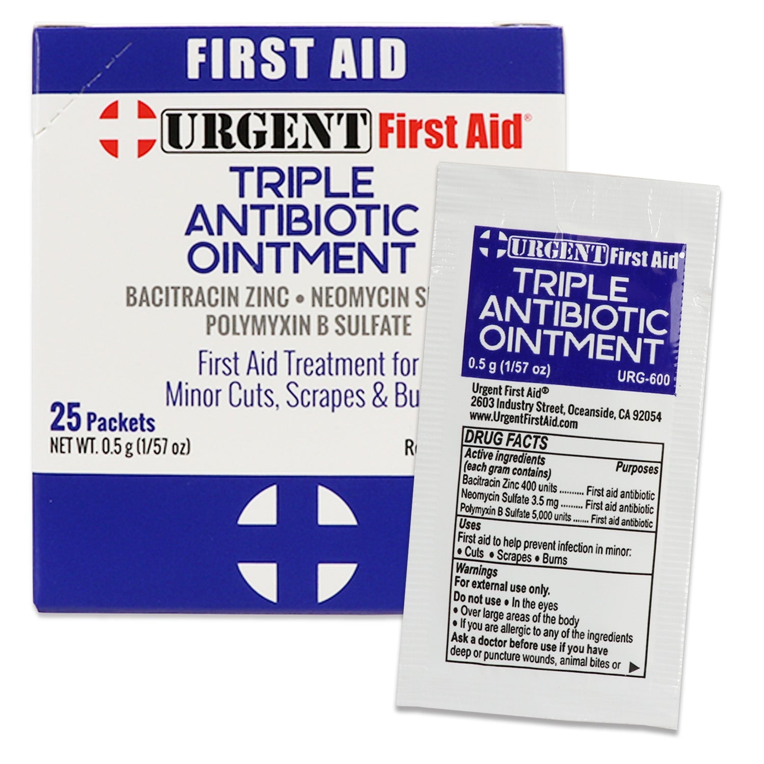 Box of 25 tubes of Quakekits Triple Antibiotic Ointment 0.5g, a topical medicine for infection prevention and wound healing.