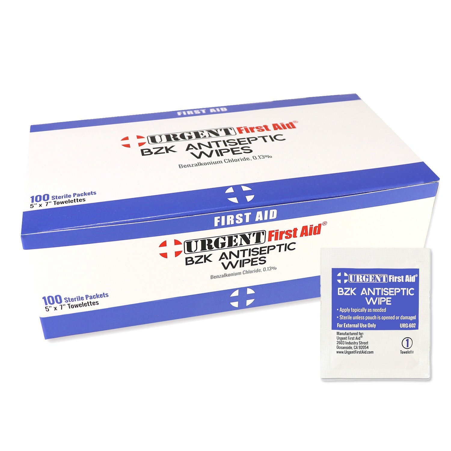 BZK antiseptic towelettes in a box, used for first aid and wound cleaning, from quakekits.com, model URG-602.