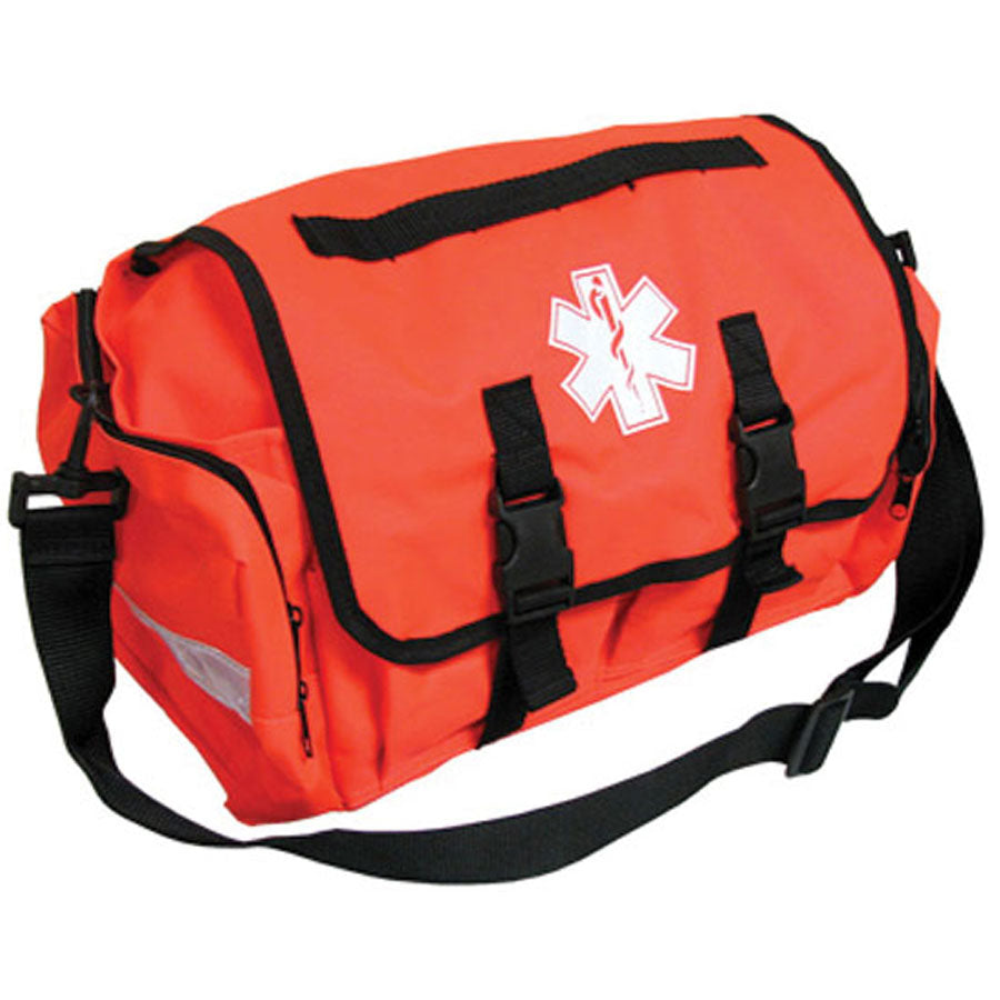 Orange first responder bag from quakekits.com, compact on-call bag with multiple compartments for emergency medical supplies.