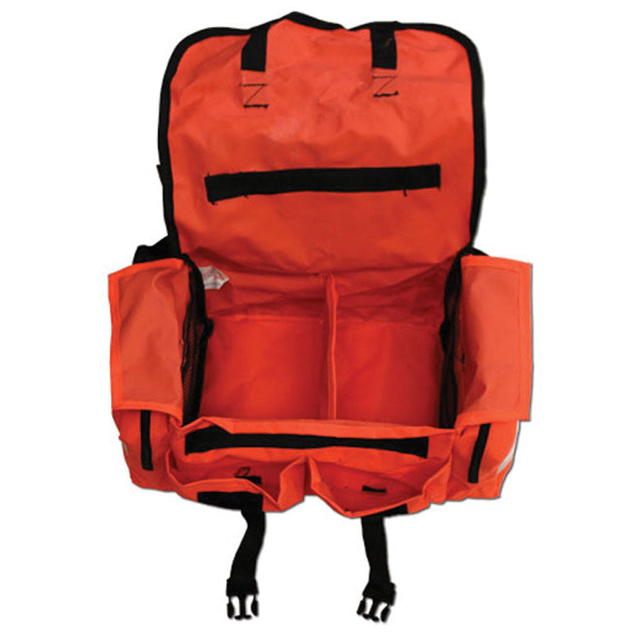 Orange first responder bag from Quakekits.com, durable on call bag with multiple compartments for emergency medical supplies.
