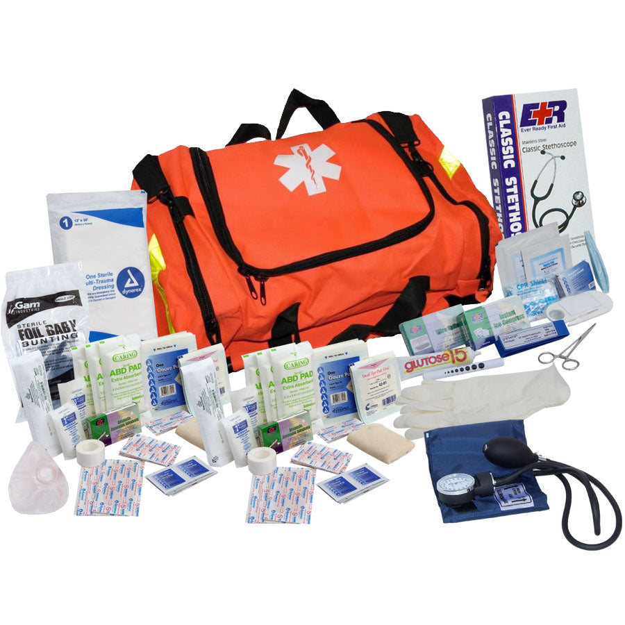 Orange 151-piece first responder kit by QuakeKits with first aid supplies, emergency tools, and medical essentials.