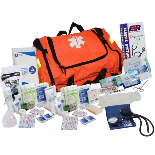 Orange 151-piece first responder kit by QuakeKits with first aid supplies, emergency tools, and medical essentials.