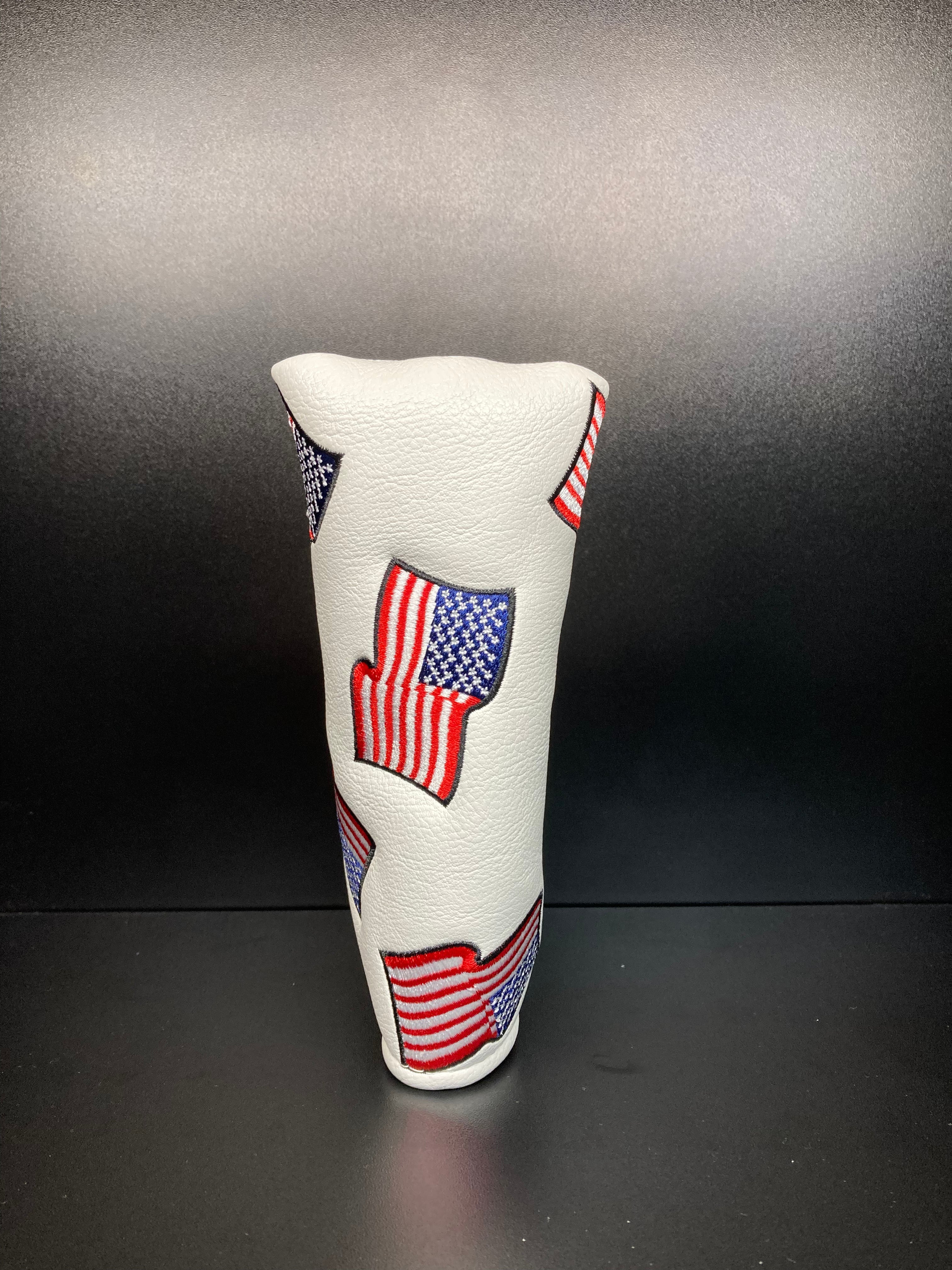 USA flag golf club headcover by ParWestGolf with embroidered stars and stripes, designed for protecting and decorating golf clubs.
